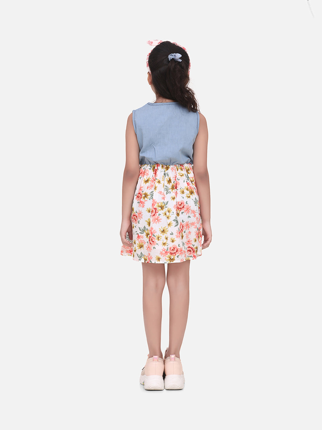 Girls Denim Dress with Floral Skirt
