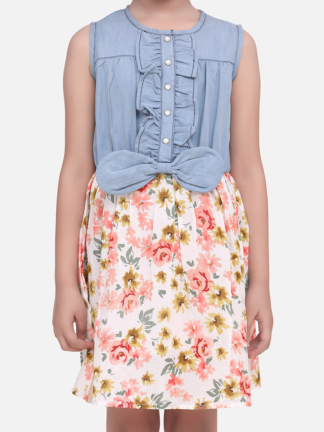 Girls Denim Dress with Floral Skirt