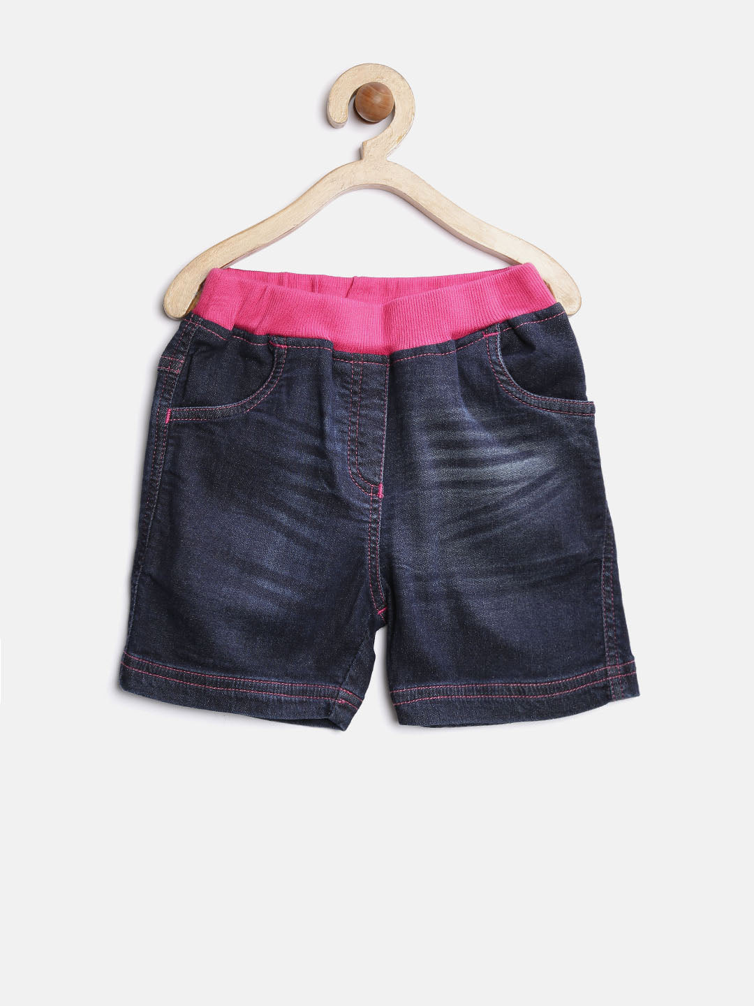 Girls Blue Denim Shorts with Pink Waistband