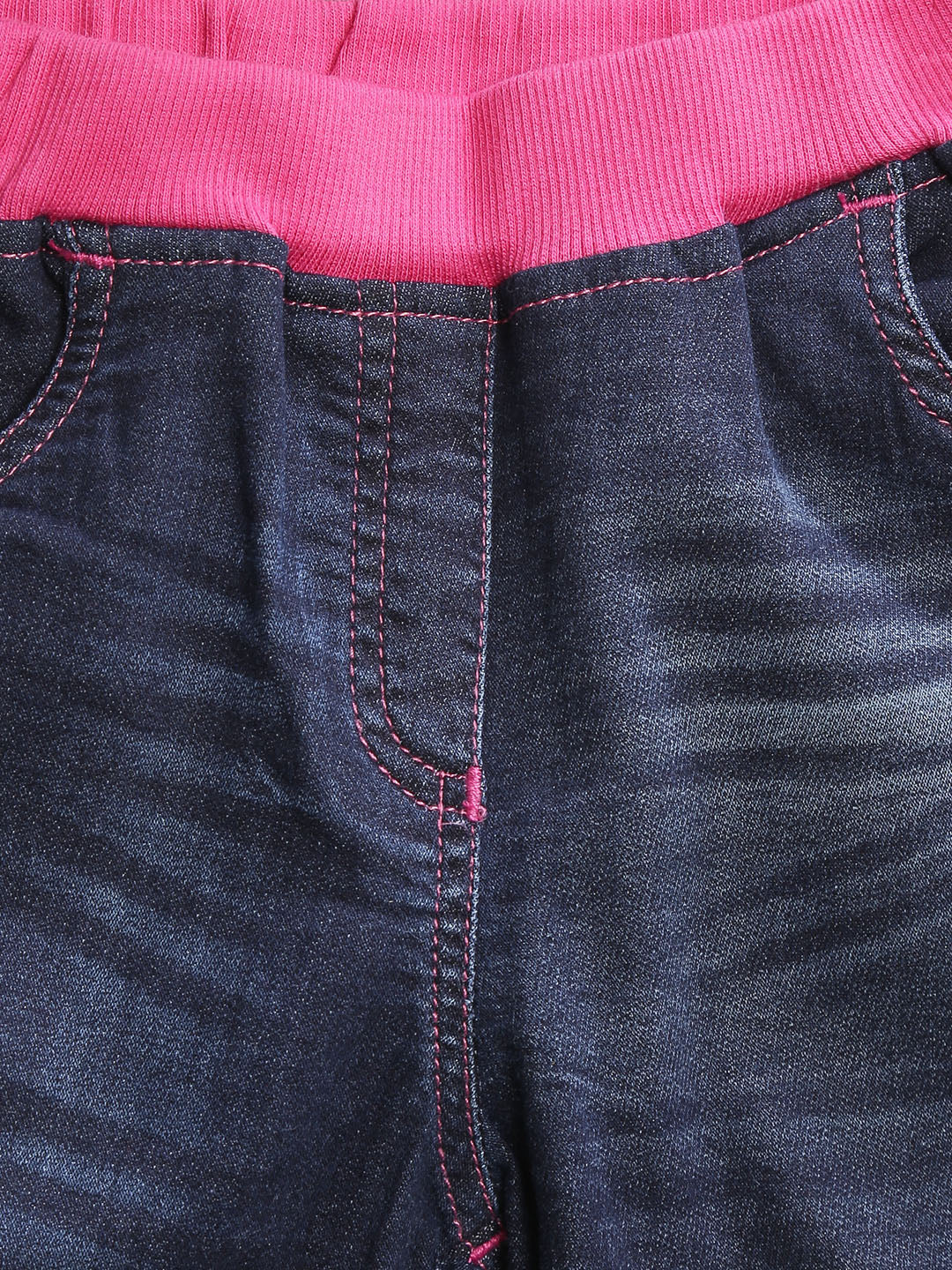 Girls Blue Denim Shorts with Pink Waistband