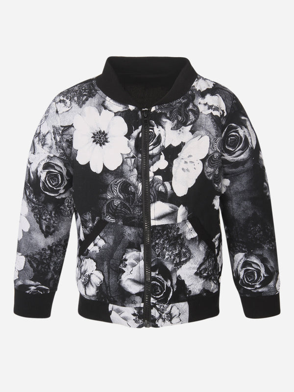 Girls Polyester Black Rose Printed Bomber Jacket
