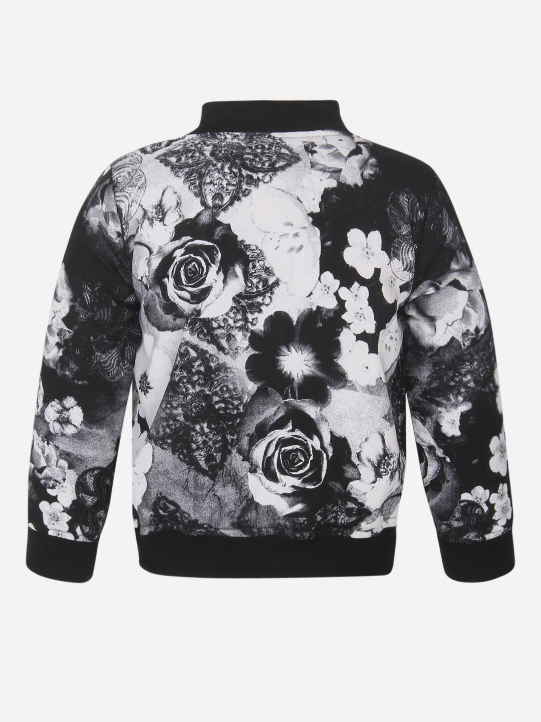Girls Polyester Black Rose Printed Bomber Jacket