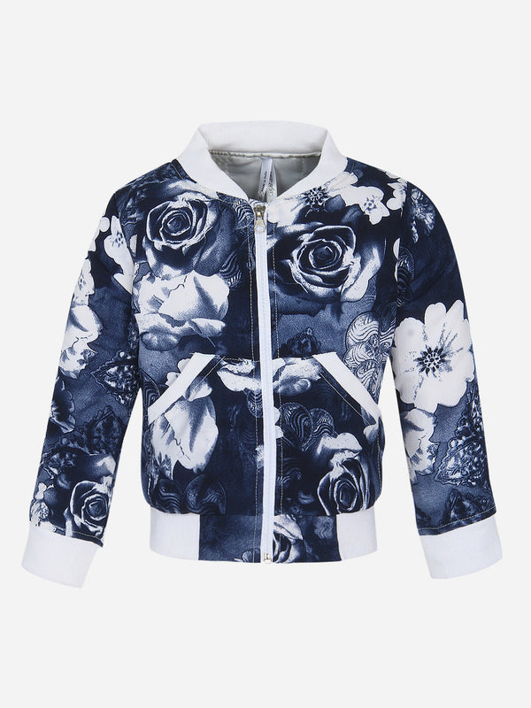 Girls Blue Rose Print Bomber Jacket