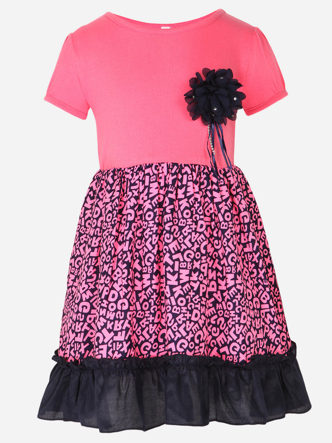 Girls Pink Alphabet Printed Flared Dress