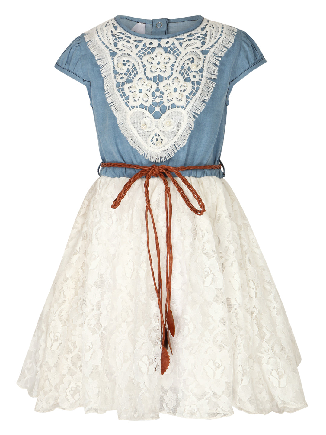 Girls Crochet Denim and Net Dress with Belt