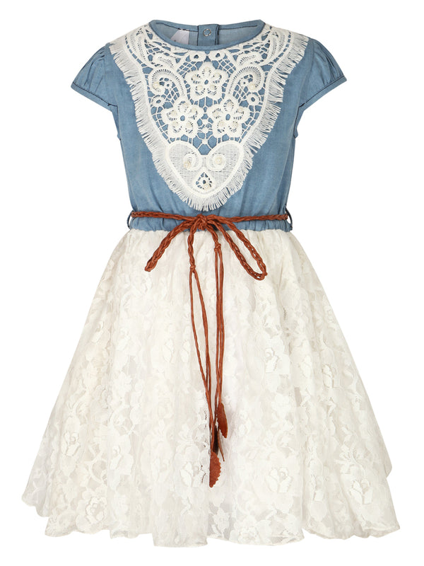 Girls Crochet Denim and Net Dress with Belt