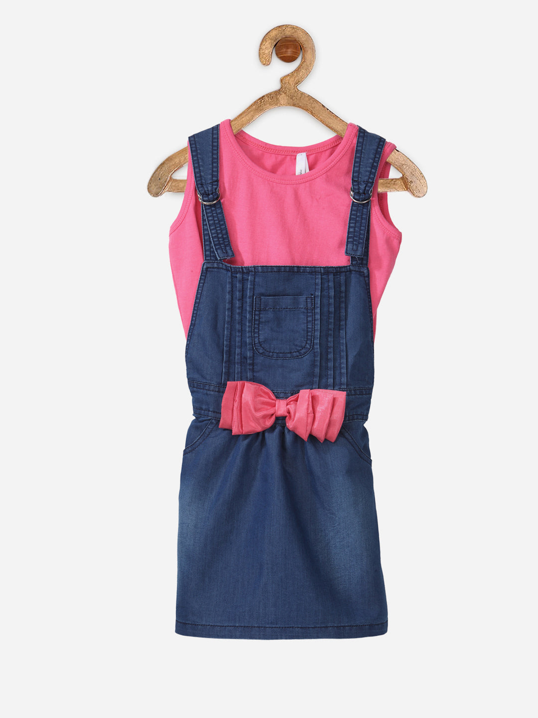 Girls Denim Pink Bow Dungaree Dress with Fuschia Sleeveless Top