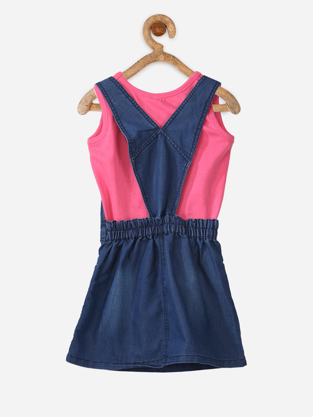 Girls Denim Pink Bow Dungaree Dress with Fuschia Sleeveless Top