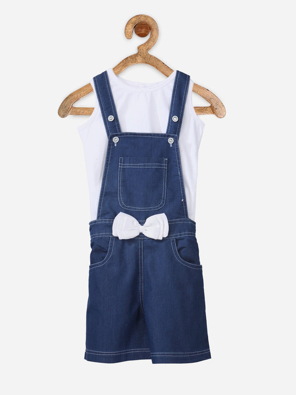 Girls Denim Dungaree Shorts with White Bow and White Sleveless top