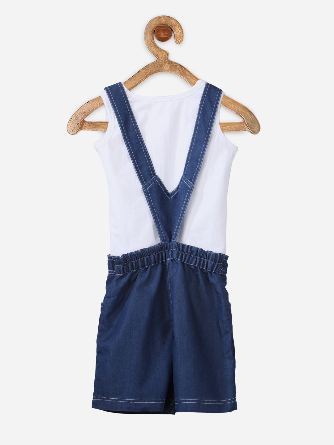 Girls Denim Dungaree Shorts with White Bow and White Sleveless top