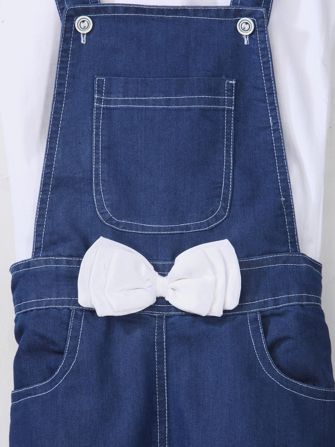 Girls Denim Dungaree Shorts with White Bow and White Sleveless top