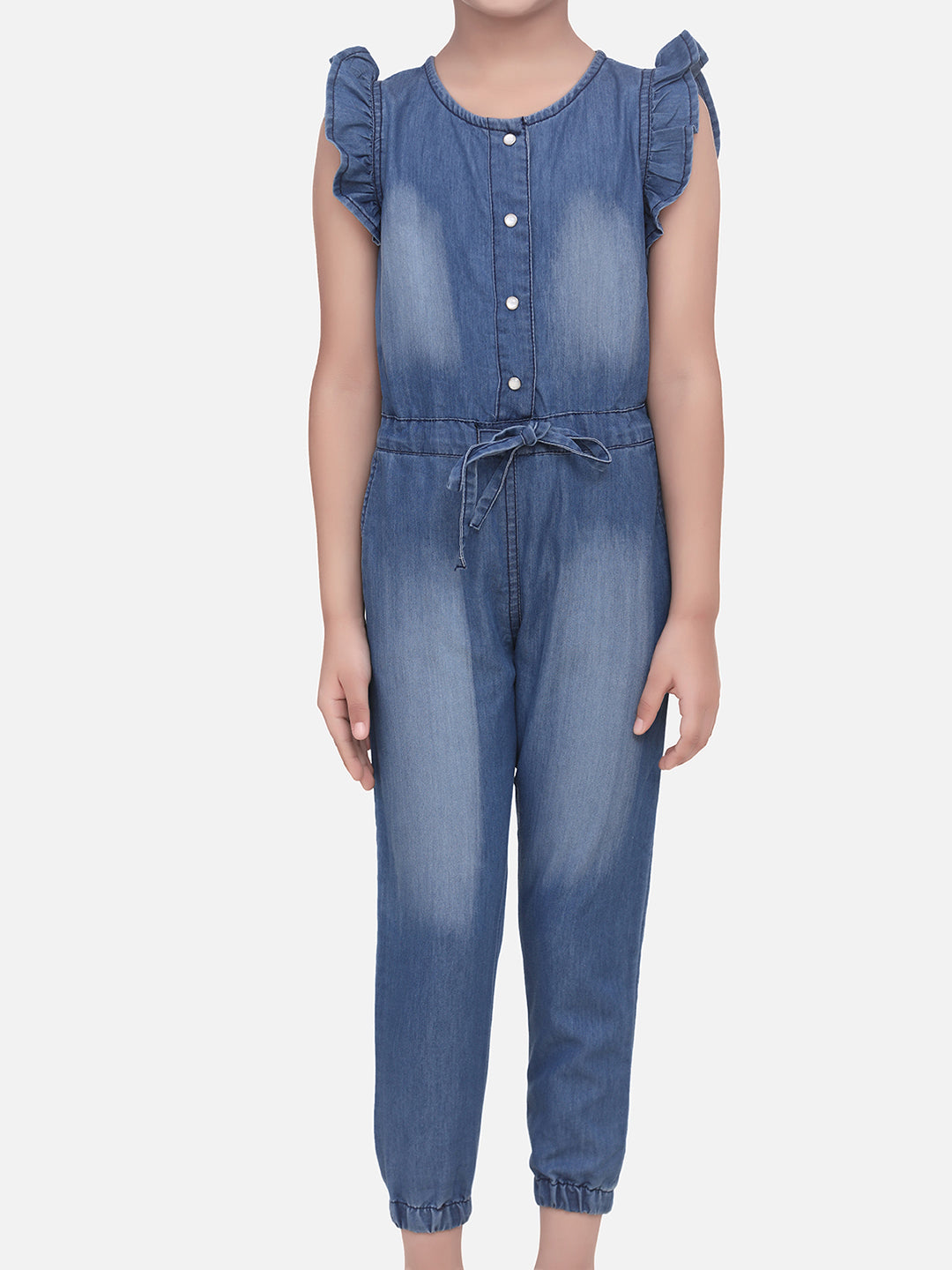 Girls Denim Jumpsuit with attached belt