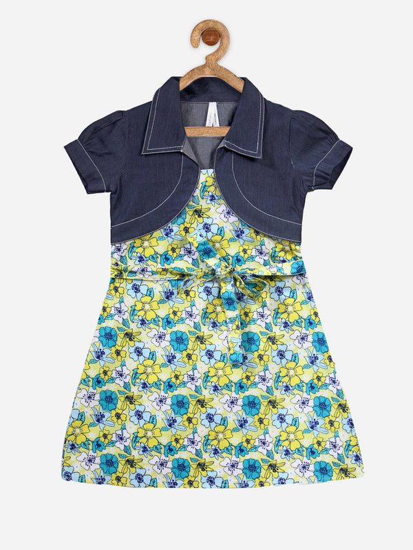 Girls Yellow and Blue Floral Dress with attached shrug