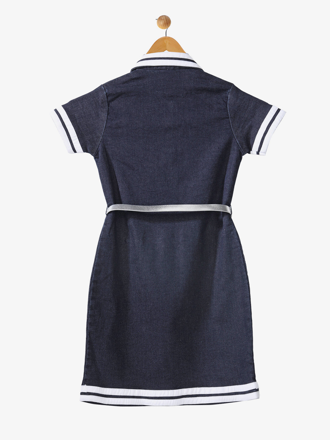 Girls Dark Blue Striped Sleeve Dress with Belt