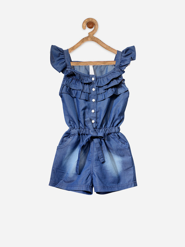 Girls Blue Denim ruffled Playsuit