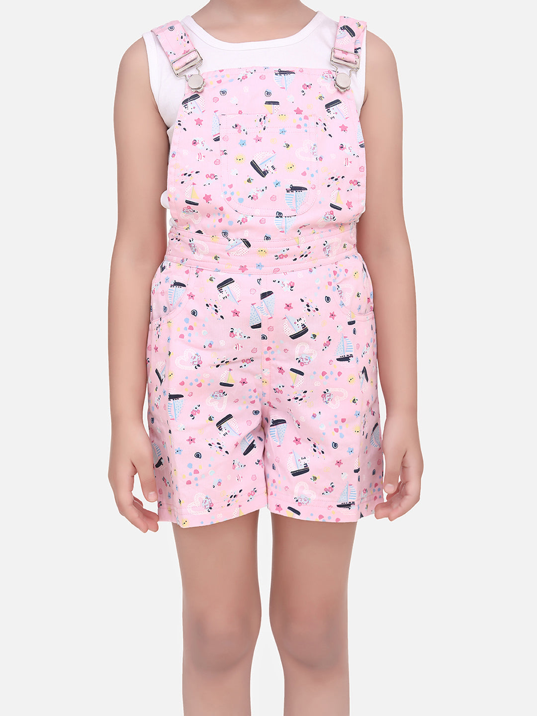 Girls Pink Boat Print Dungaree Shorts