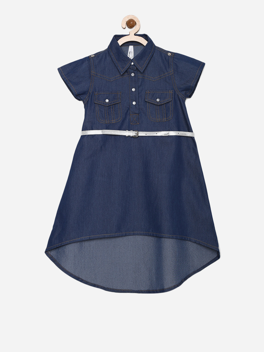 Girls Dark Blue Denim Hi Lo Dress with Belt