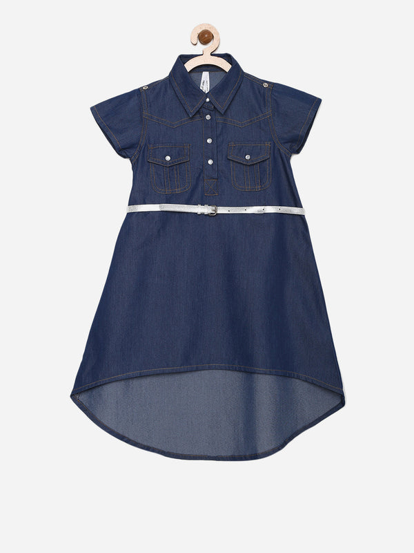 Girls Dark Blue Denim Hi Lo Dress with Belt