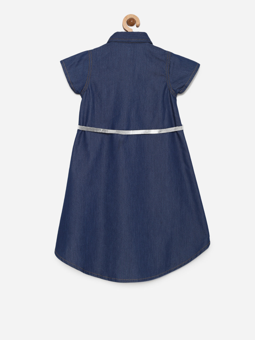 Girls Dark Blue Denim Hi Lo Dress with Belt
