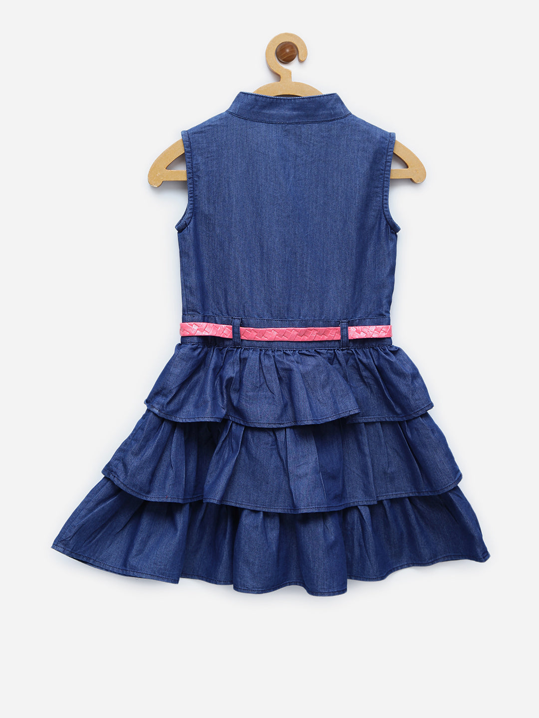 Girls Dark Blue Denim Tiered Rose Patch Dress with Belt