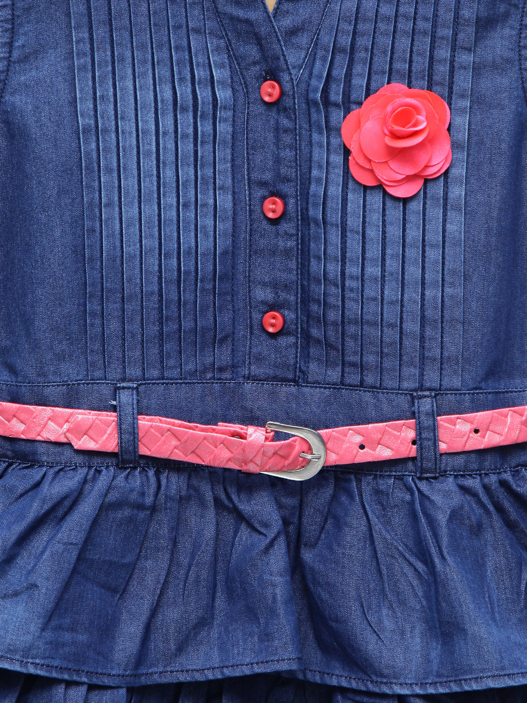 Girls Dark Blue Denim Tiered Rose Patch Dress with Belt