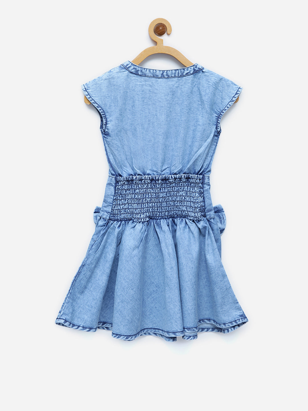 Girls Denim smocked waist and bow Dress