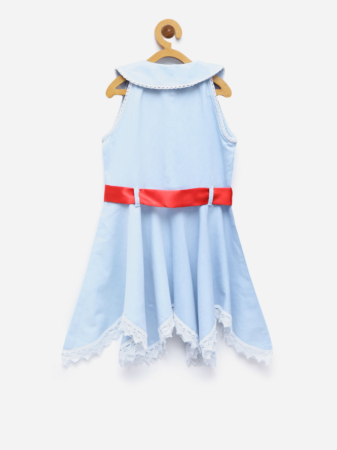Girls Denim Asymmetrical Hemline Dress with Red Belt