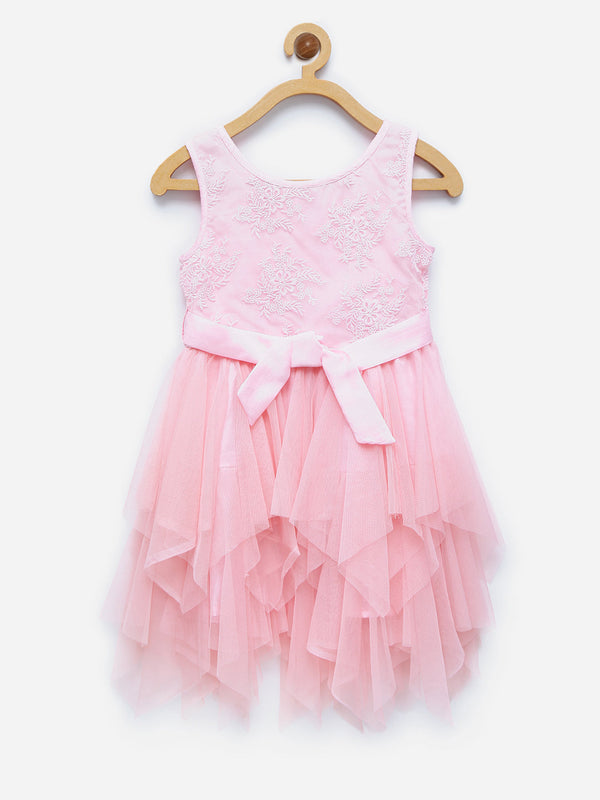 Girls Pink Asymmetrical Hemline Lace and Net Tiered Dress