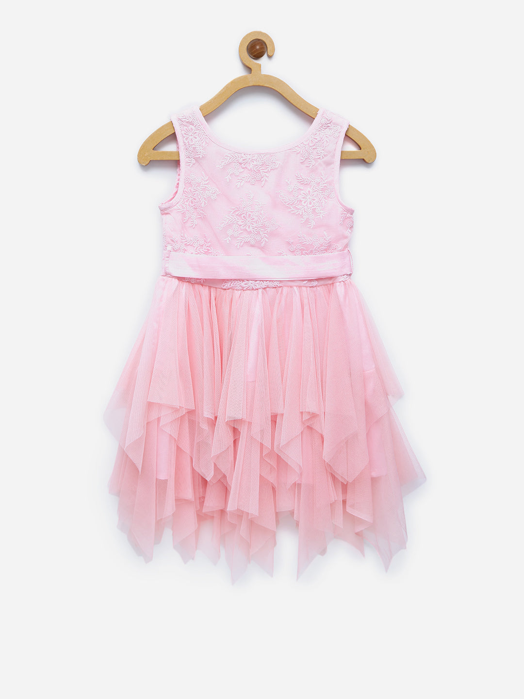 Girls Pink Asymmetrical Hemline Lace and Net Tiered Dress