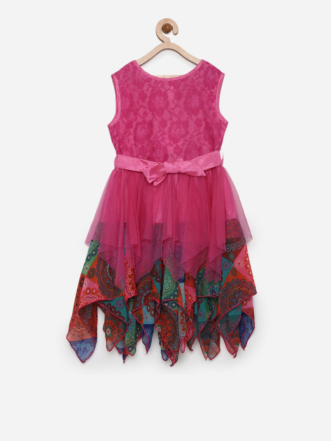 Girls Fuschia Printed Asymetrical Hemline Dress