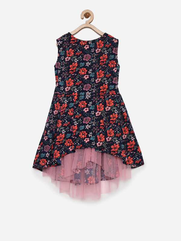 Girls Black Floral Dress with Net Inset and Hi Lo Hemline