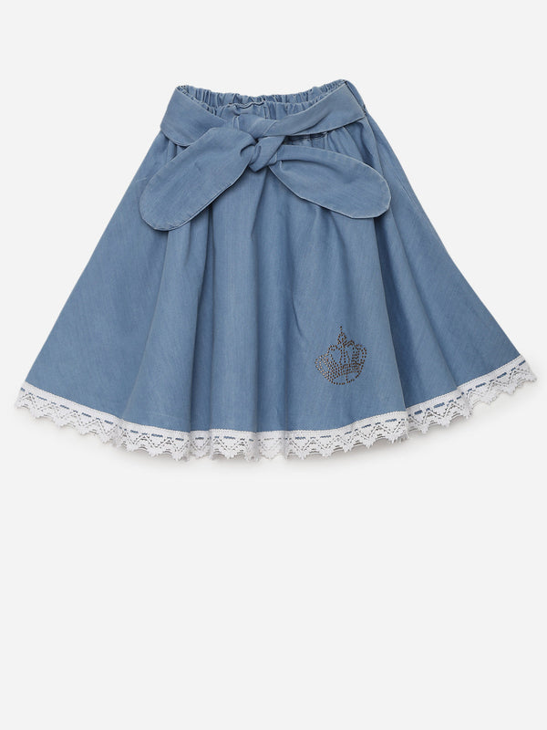 Girls Denim Skirt with Bow Tie Belt and embellished patch