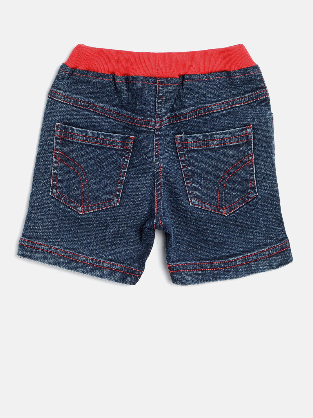 Girls Denim Washed Shorts with Red Waistband and Side Loop