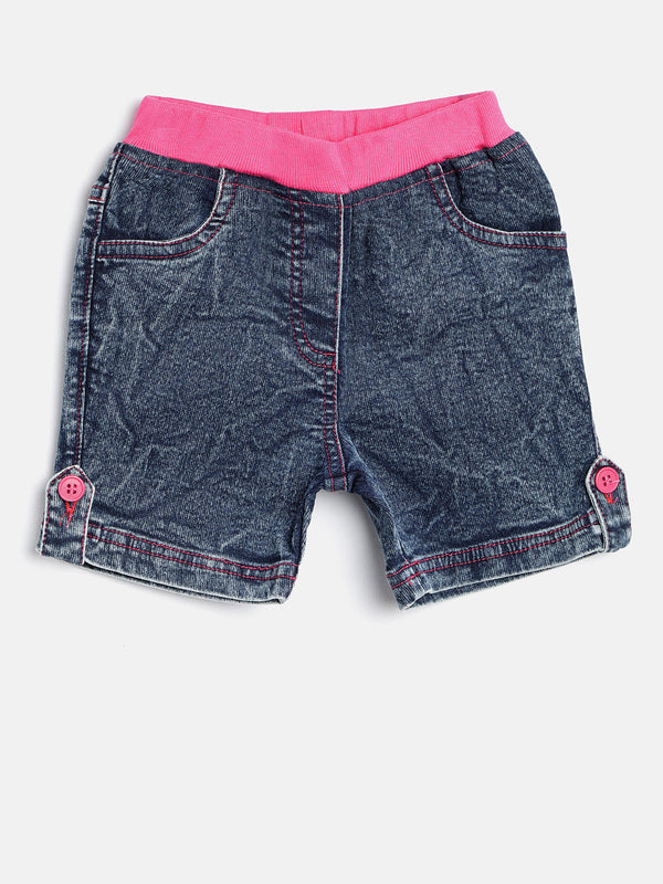Girls Denim Washed Shorts with Pink Waistband and Side Loop