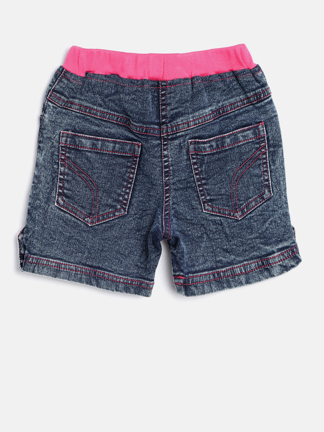 Girls Denim Washed Shorts with Pink Waistband and Side Loop