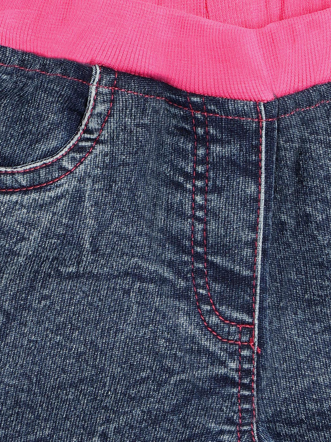 Girls Denim Washed Shorts with Pink Waistband and Side Loop