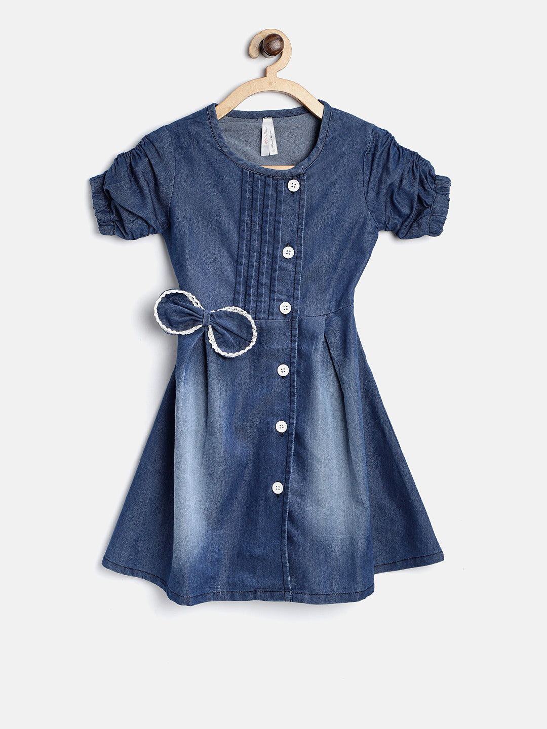 Girls Denim Dress with Bow and White Lace