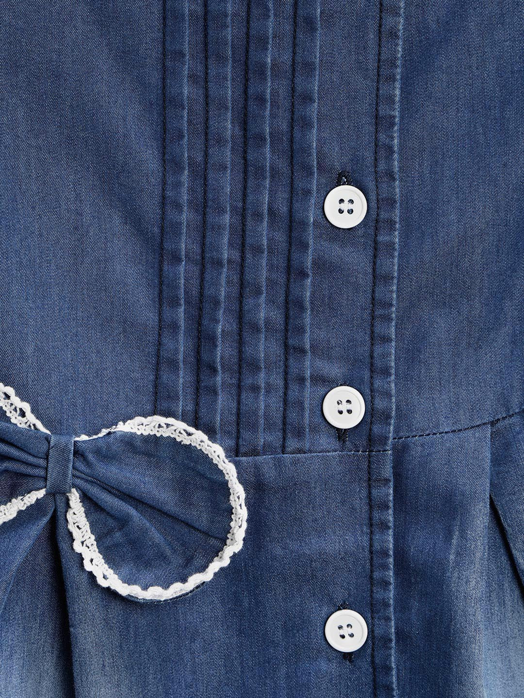 Girls Denim Dress with Bow and White Lace
