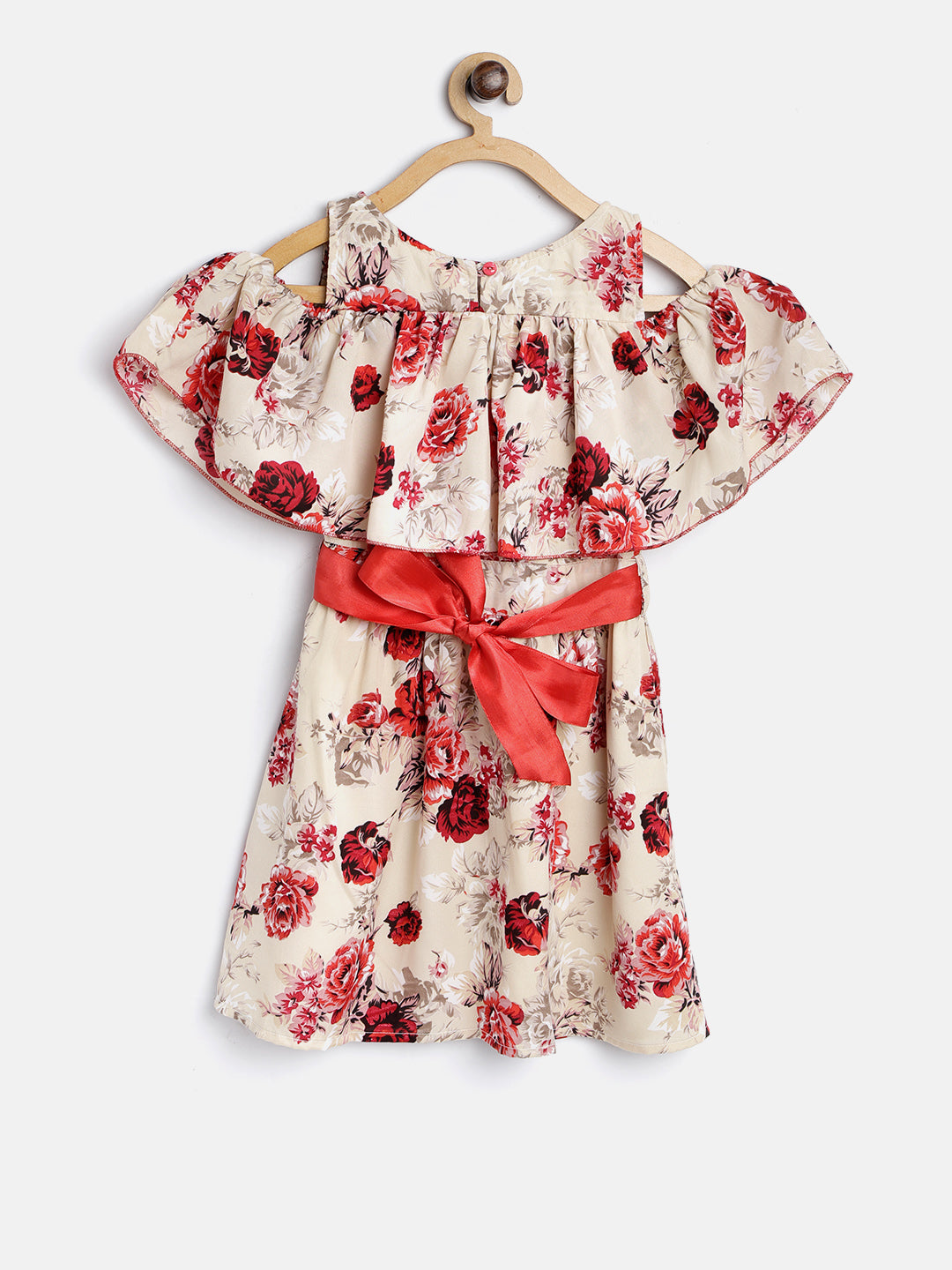 Girls Cold Shoulder Floral Printed dress with Belt