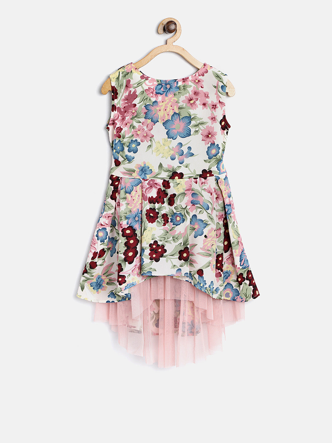 Girls Floral Printed Hi Lo Dress with Pink Net Inset