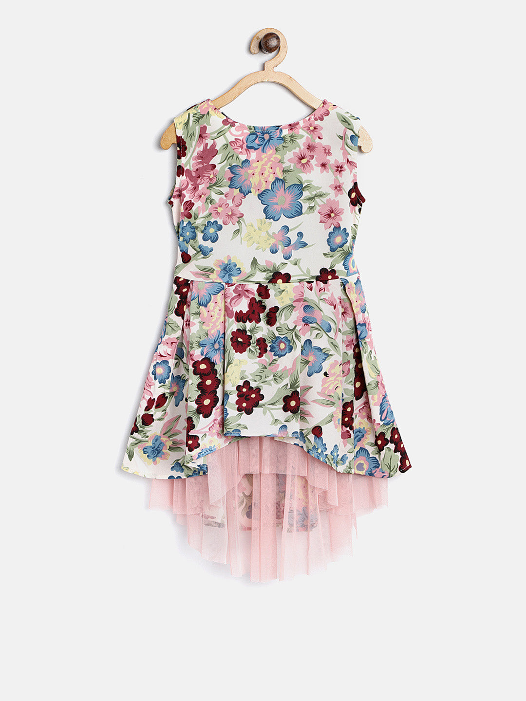 Girls Floral Printed Hi Lo Dress with Pink Net Inset