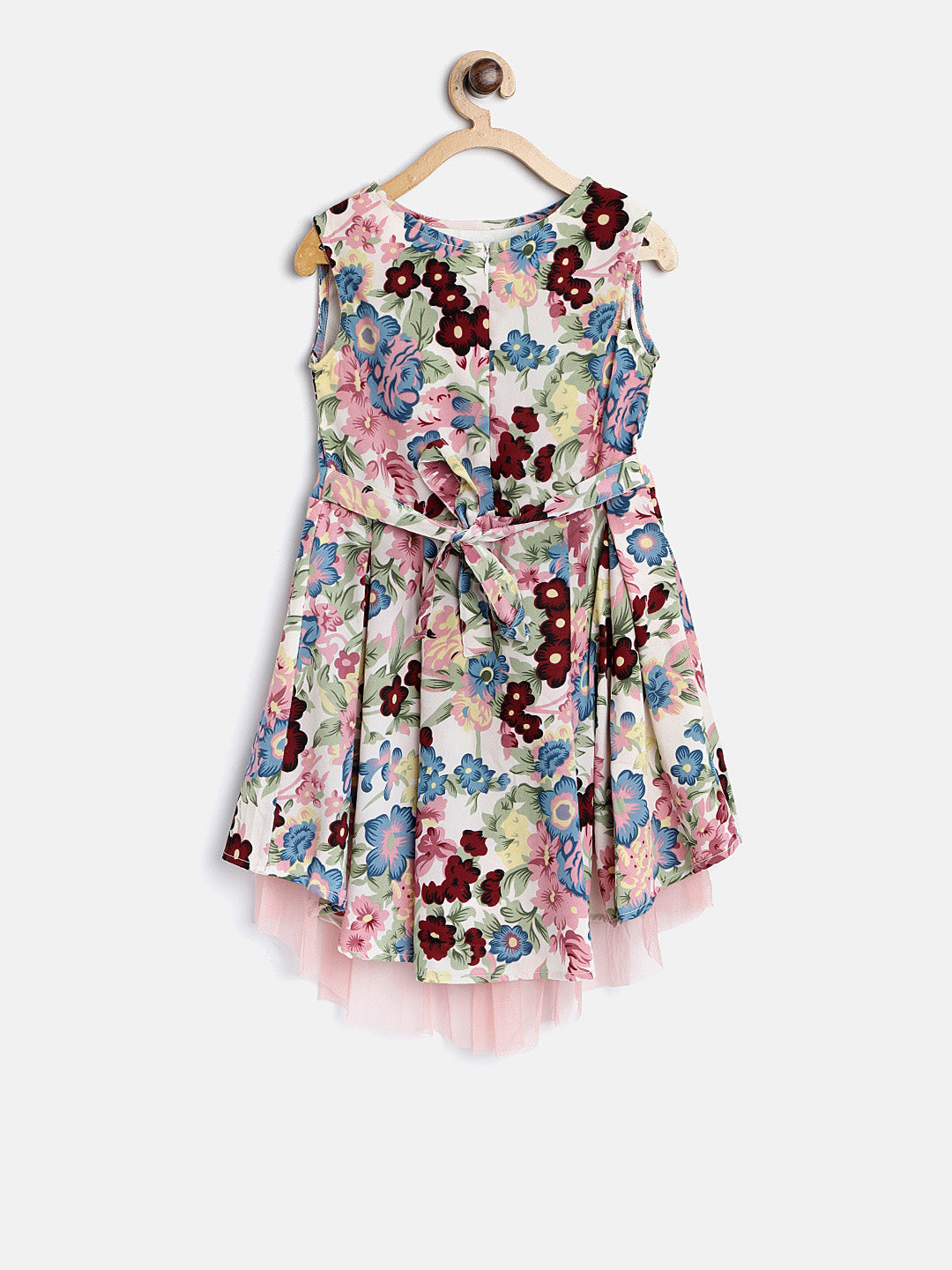 Girls Floral Printed Hi Lo Dress with Pink Net Inset
