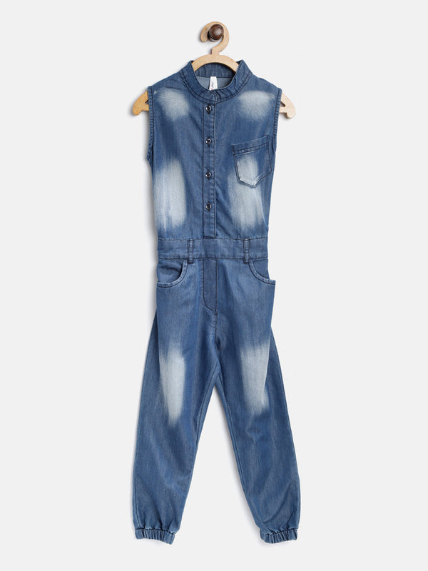 Girls Navy Blue Denim Jumpsuit with Washed Effect