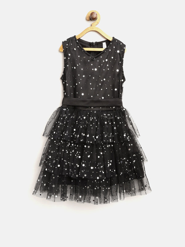 Girls MultiTier Embellished Black Net Party Dress