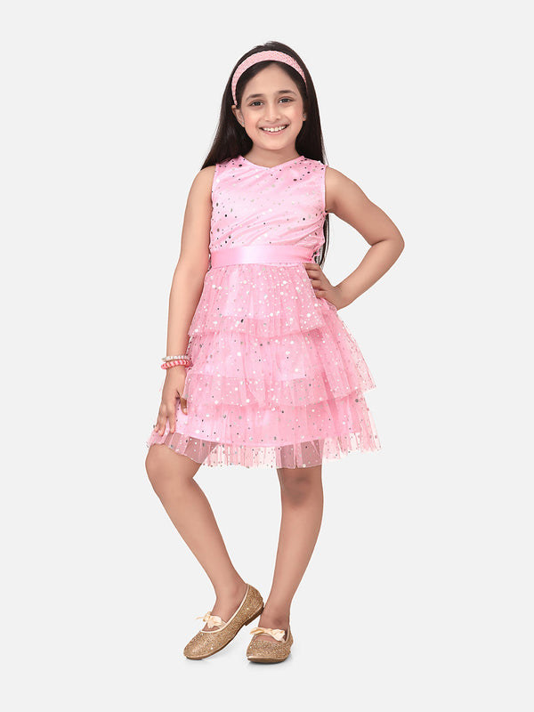 Girls MultiTier Embellished Pink Net Party Dress