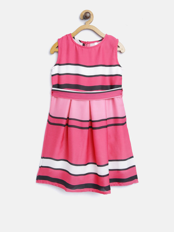 Girls Pink Satin Stripe Party Dress with Belt