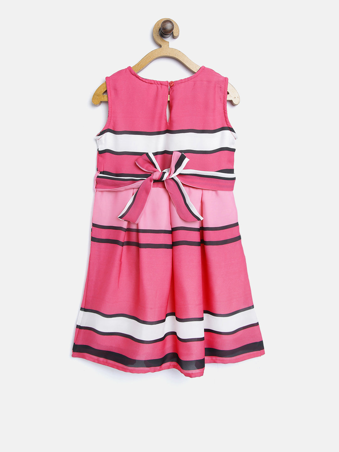 Girls Pink Satin Stripe Party Dress with Belt