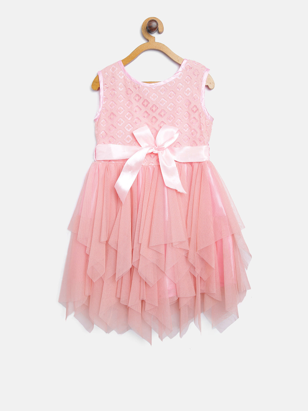 Girls Lace embroidered Asymmetric Hemline Net Pink Party Dress