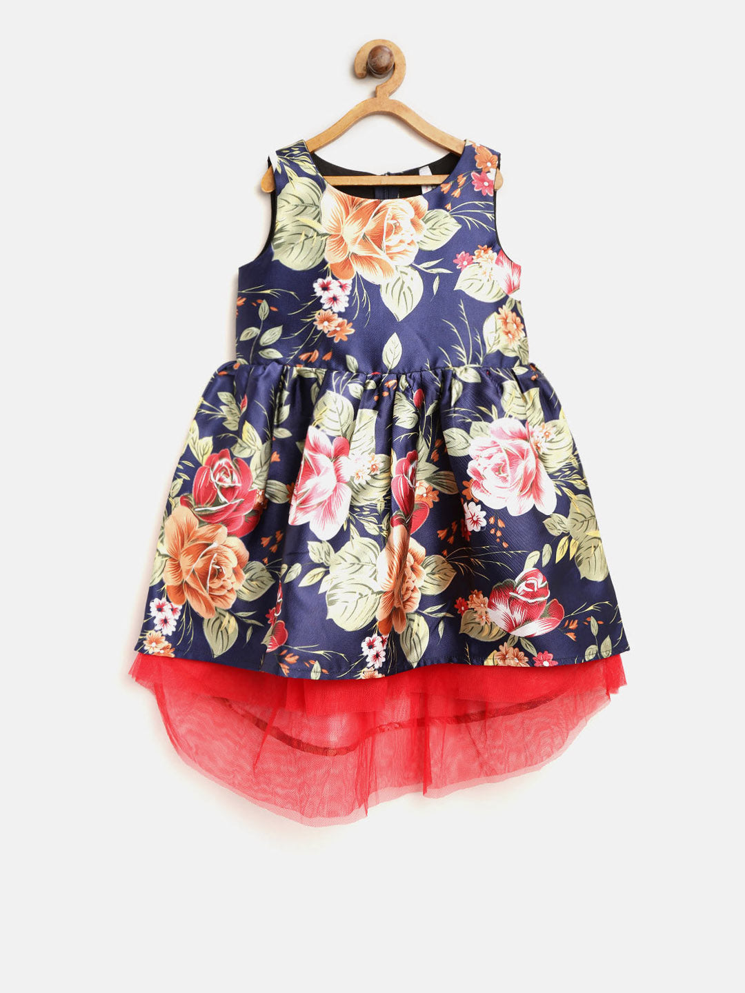 Girls Floral Hi Lo Party Dress with Net Inset