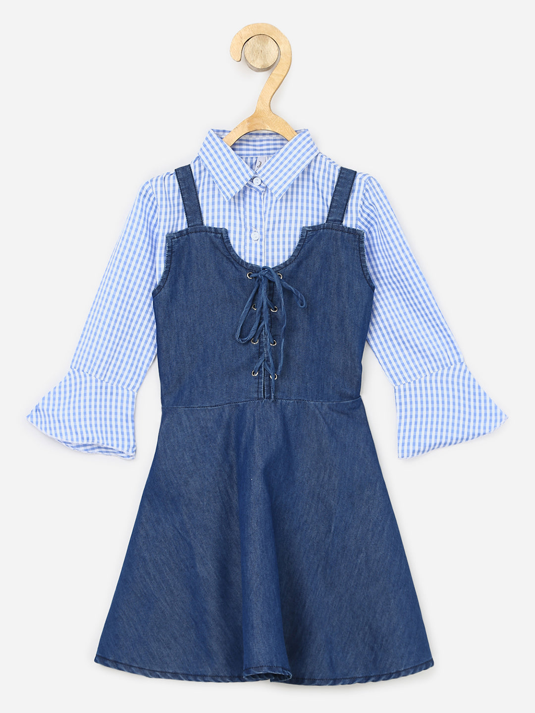 Girls Denim Tie Up dress with Bell Sleeve Blue Check Shirt